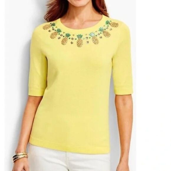 Talbots Sweater Size Medium Yellow Pineapple Hand Beaded NWOT - Picture 1 of 10
